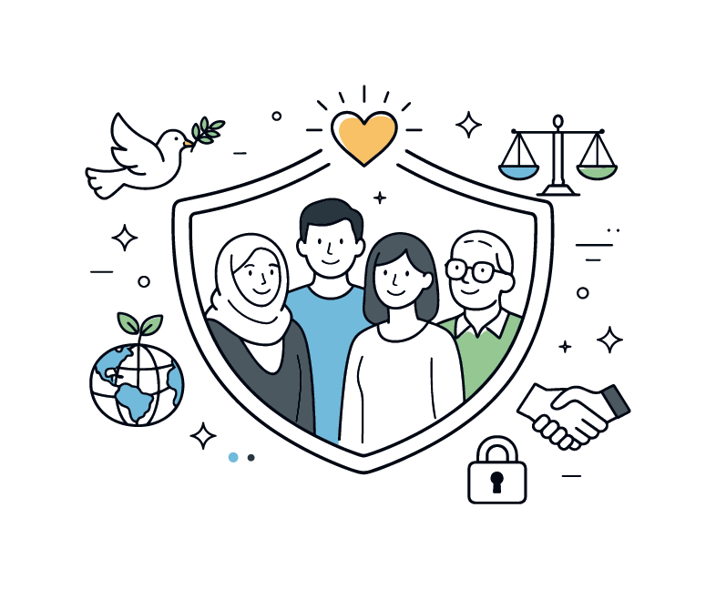 Group of people protected by a shield, surrounded by legal icons including scale of justice, a glove, a peace dove and shaking hands.
