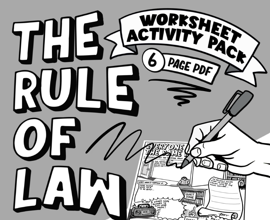 Illustration which reads 'Rule of Law: Worksheet Activity Pack'