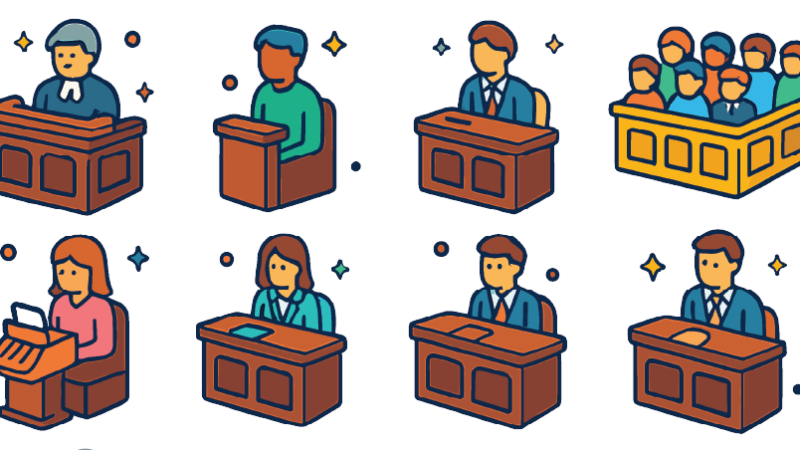 Illustration of court with witnesses and jury.