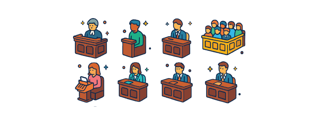 Illustration of court with witnesses and jury.