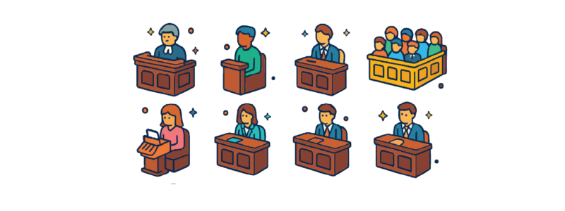 Illustration of court with witnesses and jury.