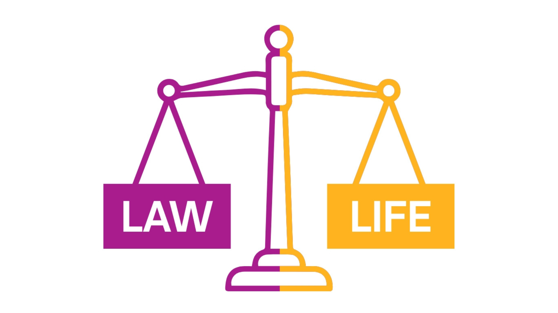 Purple and yellow scales of justice holding the words law and life