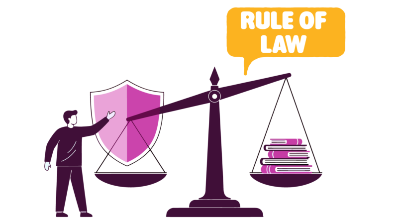 Logo with text which reads 'Rule of Law' accompanied by illustration of man looking at scales of justice balancing a shield and books.
