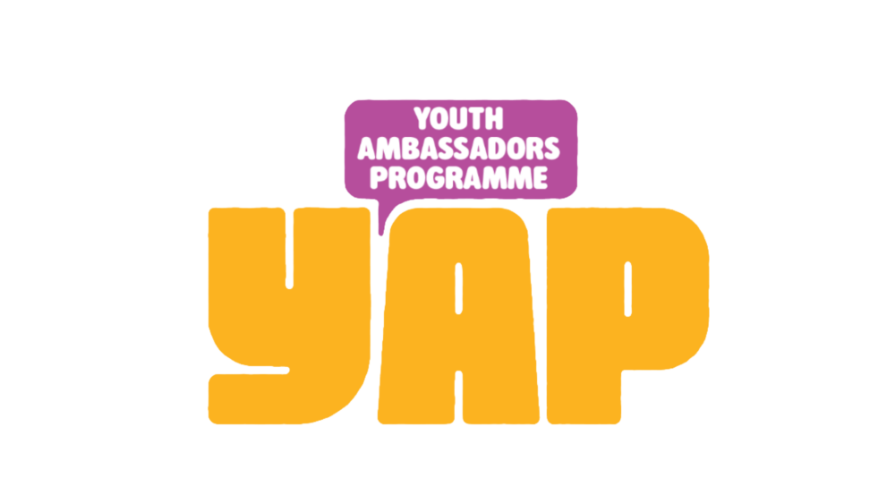 Logo which reads YAP in bright yellow font, with a purple speech bubble which reads 'Youth Ambassadors Programme'.