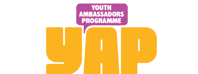 Logo which reads YAP in bright yellow font, with a purple speech bubble which reads 'Youth Ambassadors Programme'.