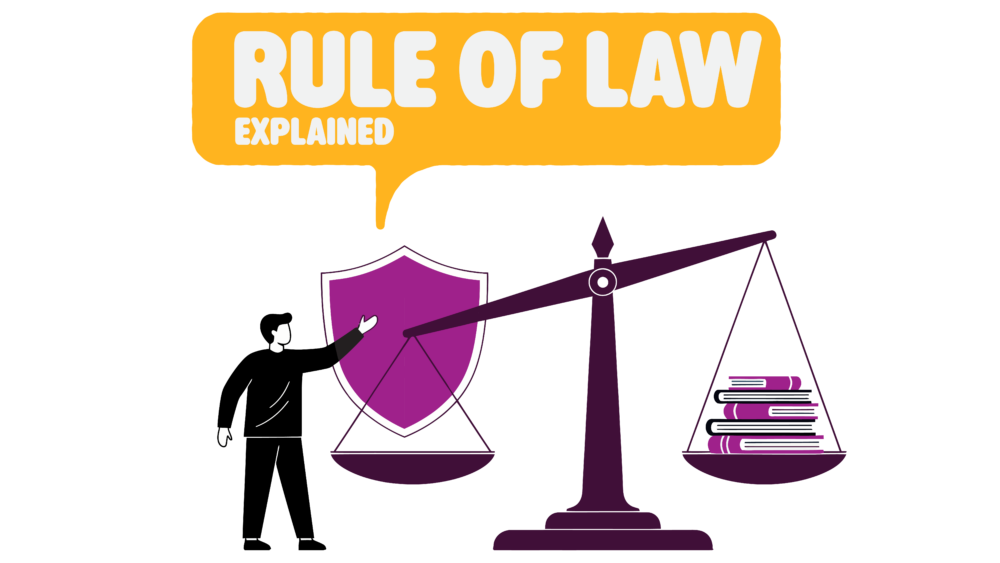 Logo with text which reads 'Rule of Law' accompanied by illustration of man looking at scales of justice balancing a shield and books.